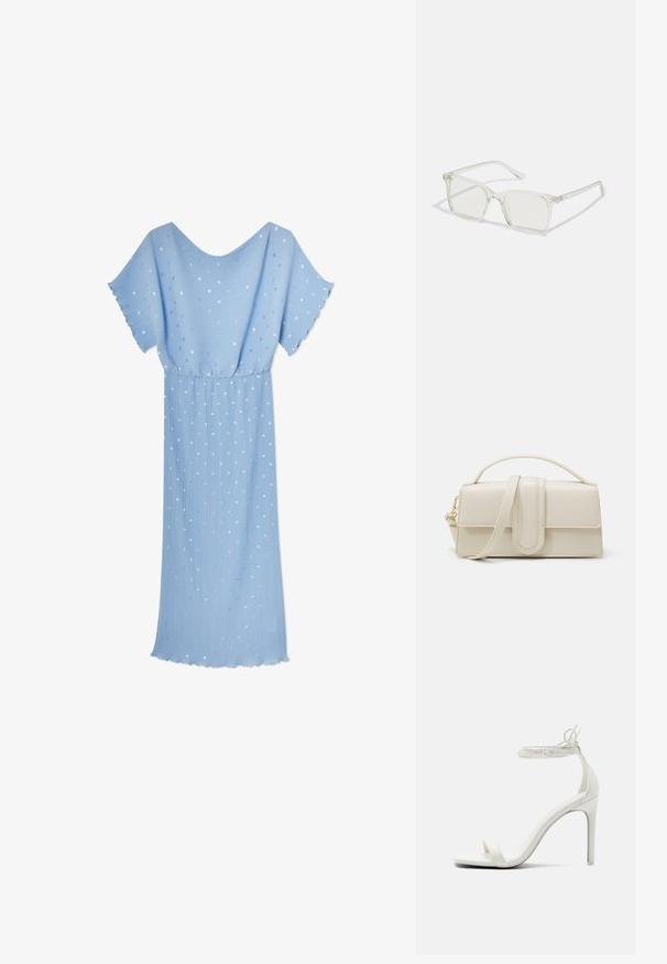 Vestido midi azul claro con mangas cortas acampanadas, cintura elástica, plisados verticales y un sutil patrón de puntos blancos y plateados dispersos.; Call it Spring Sandalias de tacón - white; Gafas cuadradas de plástico transparente con lentes translúcidos, que cuentan con acentos dorados en las patillas para un detalle adicional.; Bolso de mano de cuero color crema con forma rectangular, asa plana y correa desmontable; presenta un solapa frontal con cierre magnético.