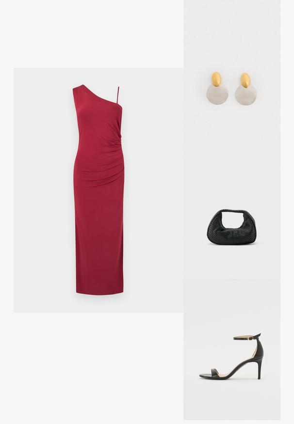 Robe longue bordeaux sans manches avec une large bretelle d'épaule et une fine, présentant des fronces latérales à la taille.; Sandale à talons hauts en cuir noir avec une lanière de cheville. Présente une texture lisse, un bout ouvert et un talon fin. Détail de boucle en ton doré.; Sac hobo tissé noir avec une structure souple et une poignée intégrée, présenté sur un fond clair uni.; Boucles d'oreilles en métal doré et argenté avec une base en disque rond et une pièce supérieure ovale, texture lisse et finition polie.
