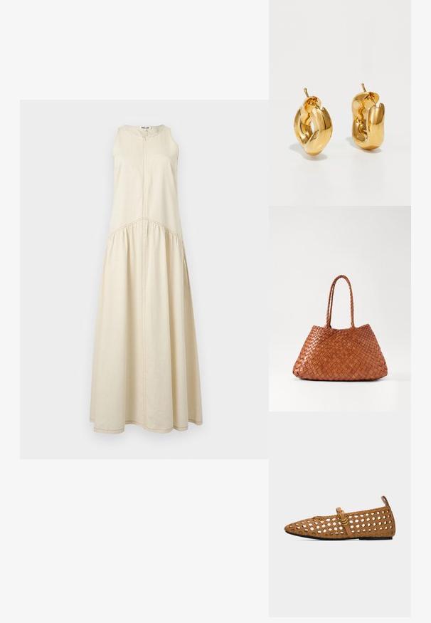 Robe beige sans manches avec une fermeture éclair, dotée d'une jupe froncée et de coutures contrastantes, confectionnée en mélange de coton doux.; Chaussure plate tressée marron avec bout pointu, bride simple et boucle dorée, ainsi qu'une languette au talon, sur fond blanc.; DRAGON DIFFUSION SANTA CROCE BIG - Sac à main - tan; Boucles d'oreilles créoles en or massif avec un design tubulaire légèrement tordu et des fermoirs à tige sur un fond blanc.