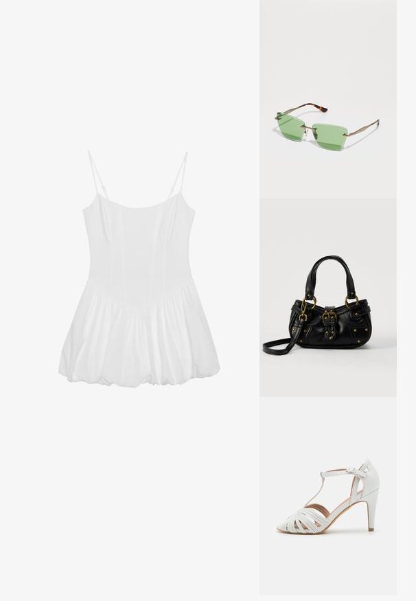 Mini-robe blanche sans manches avec fines bretelles réglables et ourlet de jupe froncé et bouffant.; Sandal à talons hauts blancs avec des lanières croisées, un design en T, une texture lisse et un bout pointu. Dispose d'un talon mince et d'une fermeture à boucle.; Des lunettes de soleil teintées de vert avec une forme géométrique, une fine monture en métal doré et un accent en écaille de tortue sur les branches. Verres transparents et branding minimal.; Sac à main en cuir noir avec boucle dorée et détails à rivets, poignées courtes et bandoulière réglable sur fond blanc uni.