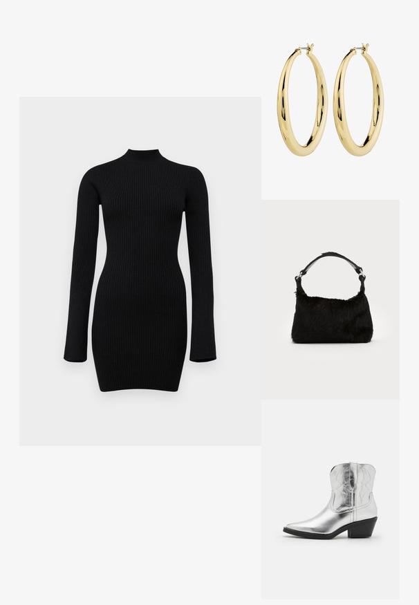 Vestido de punto negro de canalé de manga larga con un cuello alto y una silueta ajustada, con una textura suave y una longitud hasta el medio muslo.; Botas de vaquero de cuero plateado con puntera afilada, detalles bordados en el eje y un tacón negro moderado. Superficie lisa y brillante.; Bolso de mano de piel sintética negra con una textura suave, forma redondeada y una resistente correa de cuero negro para el hombro. Acentos de herrajes plateados visibles.; Pendientes de aro de oro con un acabado suave y pulido. Forma circular, con un cierre seguro en la parte superior. La superficie refleja la luz.