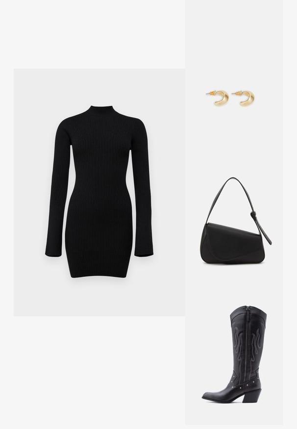 Vestido de punto negro de canalé de manga larga con un cuello alto y una silueta ajustada, con una textura suave y una longitud hasta el medio muslo.; Botas vaqueras de cuero negro con puntera puntiaguda, costuras visibles, detalles de tachuelas plateadas y cierre de cremallera en el lado interior.; Bolso de mano de cuero negro con forma triangular, tapa en ángulo y un asa superior redondeada. Presenta una textura suave y detalles de diseño minimalistas.; Pendientes en forma de media luna de oro con un acabado suave, que presentan acentos naranjas cerca del pasador y herrajes de plata.