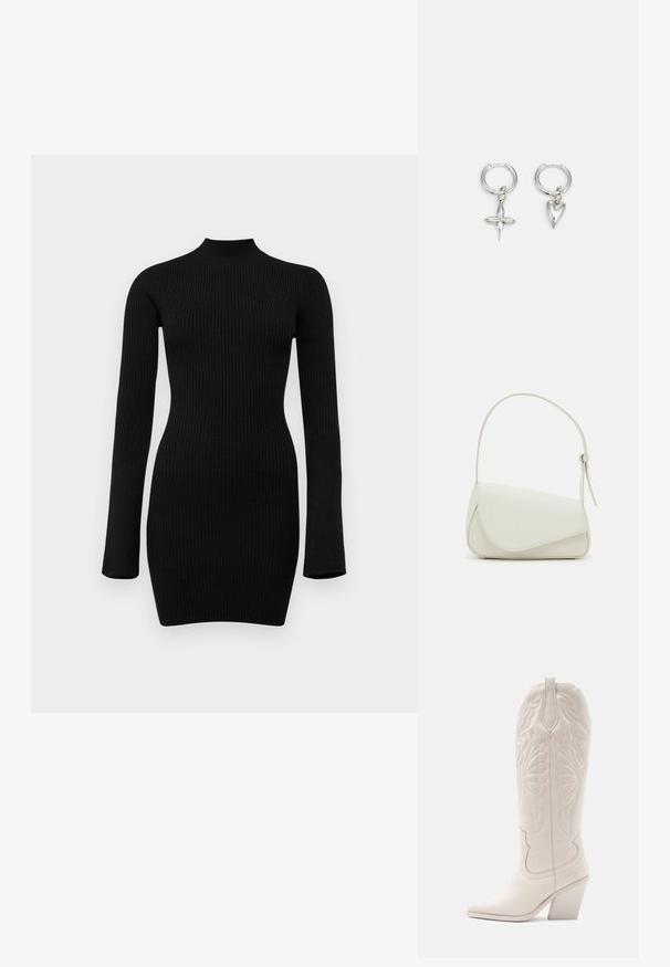 Robe noire en maille côtelée à manches longues, avec un col haut et une silhouette ajustée, présentant une texture lisse et une longueur mi-cuisse.; Bottine de cowboy en cuir blanc avec un bout pointu et un talon bloc. Présente des motifs de broderie complexes sur la tige et une texture lisse.; Sac à main en cuir synthétique blanc avec une forme triangulaire structurée, une bandoulière unique réglable et un rabat à courbes accentuées.; Boucles d'oreilles en argent en forme de cerceau avec un charme croix et cœur. Texture lisse et brillante avec une finition polie. Chaque charmepend d'une boucle sécurisée.