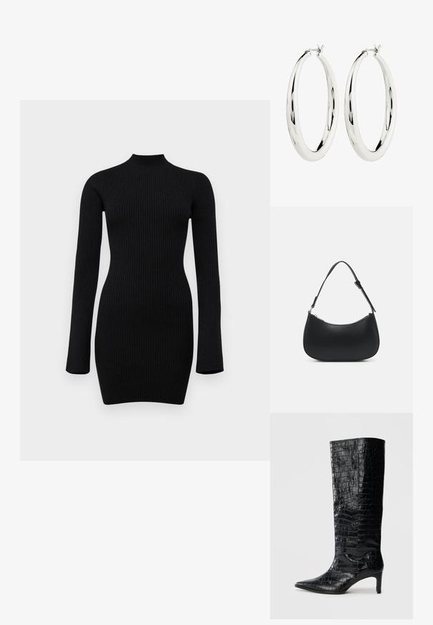 Schwarz gerippter Strick-Longsleeve-Kleid mit hohem Kragen und figurbetontem Schnitt, das eine glatte Textur und eine Länge bis zur Mitte des Oberschenkels aufweist.; Schwarze kniehohe Stiefel mit glänzender, krokodilgeprägter Textur, spitzer Zehenpartie und schmalem Absatz. Glattes synthetisches Material.; Pieces PCALUANA SHOULDER BAG - Handtasche - black; Silberne Creolen mit einer glatten, reflektierenden Oberfläche. Runde, große Form mit einem sicheren Verschluss an der Oberseite. Polierte Oberfläche betont den Glanz.