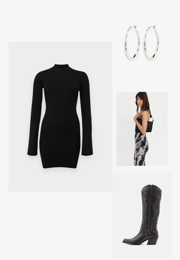 Schwarz gerippter Strick-Longsleeve-Kleid mit hohem Kragen und figurbetontem Schnitt, das eine glatte Textur und eine Länge bis zur Mitte des Oberschenkels aufweist.; Braune Cowboy-Stiefel aus Leder mit Flammenstickerei, seitlichem Reißverschluss, silbernen Nieten, spitzer Zehenpartie und geschichtetem Absatz.; Schwarze gesteppte Schultertasche mit einem einzelnen Riemen und silberner Hardware, kombiniert mit einem figurbetonten Kleid im Batikmuster in Schwarz- und Cremetönen.; Silberne Creolen mit einer glatten, glänzenden Oberfläche. Kreisform, ausgestattet mit einem sicheren Verschluss. Einfaches und elegantes Design.