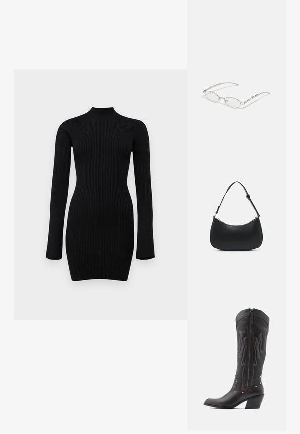 Vestido de punto negro de canalé de manga larga con un cuello alto y una silueta ajustada, con una textura suave y una longitud hasta el medio muslo.; Botas de cowboy de cuero marrón con costuras en forma de llama, cremallera lateral, tachuelas plateadas, punta puntiaguda y tacón apilado.; Gafas ovaladas con un marco metálico plateado, lentes transparentes y acentos de templos con textura de cuentas. Diseño ligero con brazos curvados.; Pieces PCALUANA SHOULDER BAG - Bolso de mano - black
