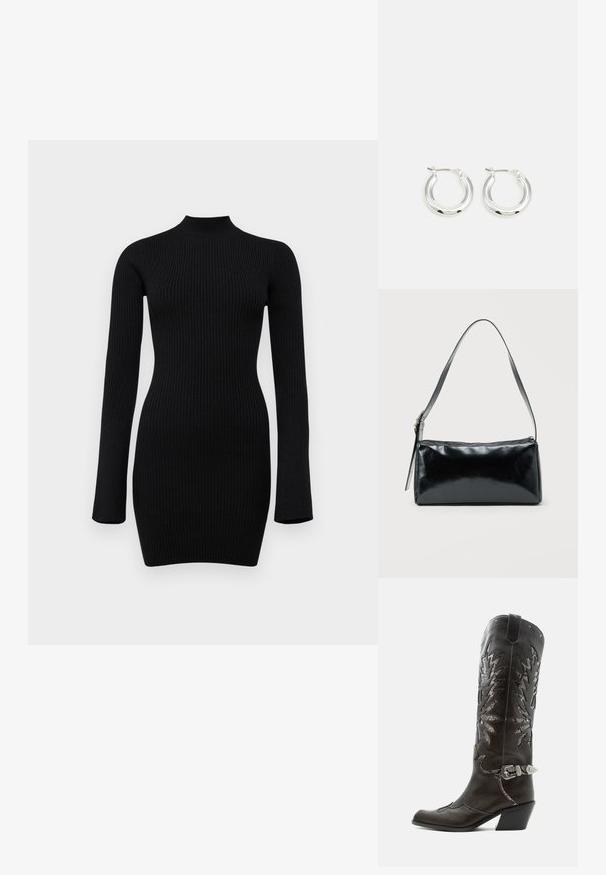 Vestido de punto negro de canalé de manga larga con un cuello alto y una silueta ajustada, con una textura suave y una longitud hasta el medio muslo.; Bota cowboy de cuero negro con recortes decorativos, hebilla plateada y tacón inclinado, presentada sobre fondo blanco.; Bolso de hombro rectangular negro con una correa ajustable y un cierre de cremallera superior sobre un fondo liso.; Pendientes de aro de plata con un acabado pulido, que presentan una forma circular y un cierre de gancho. Textura suave con detalles mínimos.
