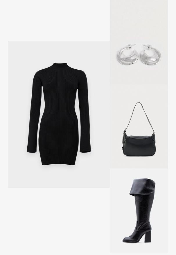 Robe noire en maille côtelée à manches longues, avec un col haut et une silhouette ajustée, présentant une texture lisse et une longueur mi-cuisse.; Botte haute en cuir noir avec talon, bord plié et bout arrondi, debout sur un fond blanc.; Sac à bandoulière en cuir noir avec une texture lisse, une forme arrondie et une fine bandoulière. Il dispose d'une fermeture éclair et d'accents matériels minimalistes.; Une paire de boucles d'oreilles en croissant argenté poli avec des supports en plastique transparent sur une surface blanche.