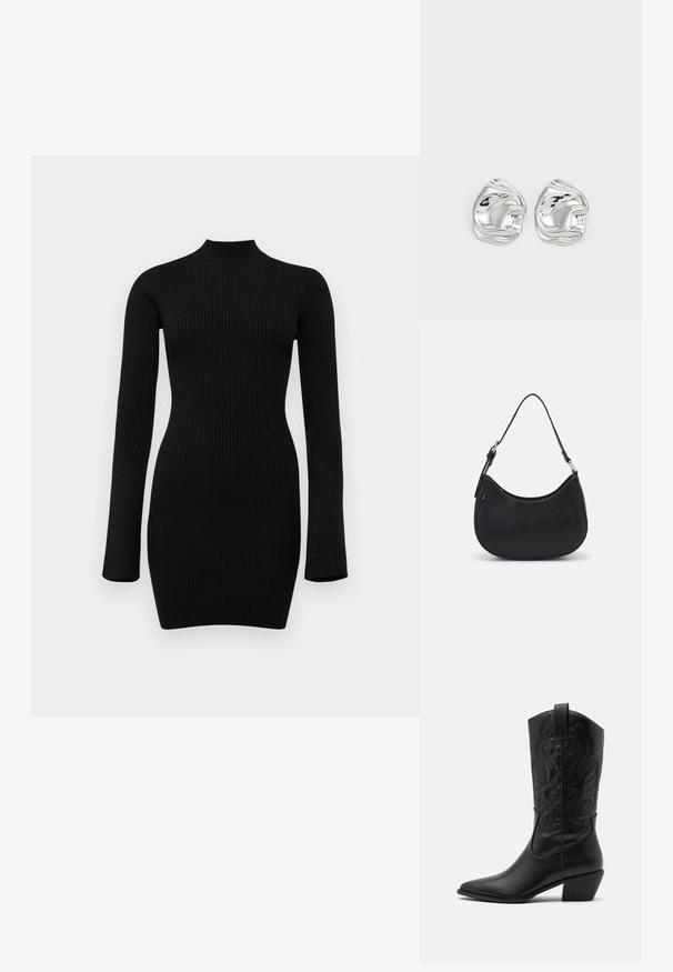 Robe noire en maille côtelée à manches longues, avec un col haut et une silhouette ajustée, présentant une texture lisse et une longueur mi-cuisse.; Bottes de cowboy en cuir noir avec un bout pointu, des motifs en relief en spirale et un talon de hauteur moyenne. Équipées d'une languette pour un enfilage facile.; Sac hobo noir en cuir lisse avec une silhouette arrondie, doté d'une seule sangle ajustable et de détails de design minimalistes.; Boucles d'oreilles en forme abstraite argentées avec une finition poli, présentant des courbes lisses et des contours subtils. Pas de motifs ou d'accents visibles.