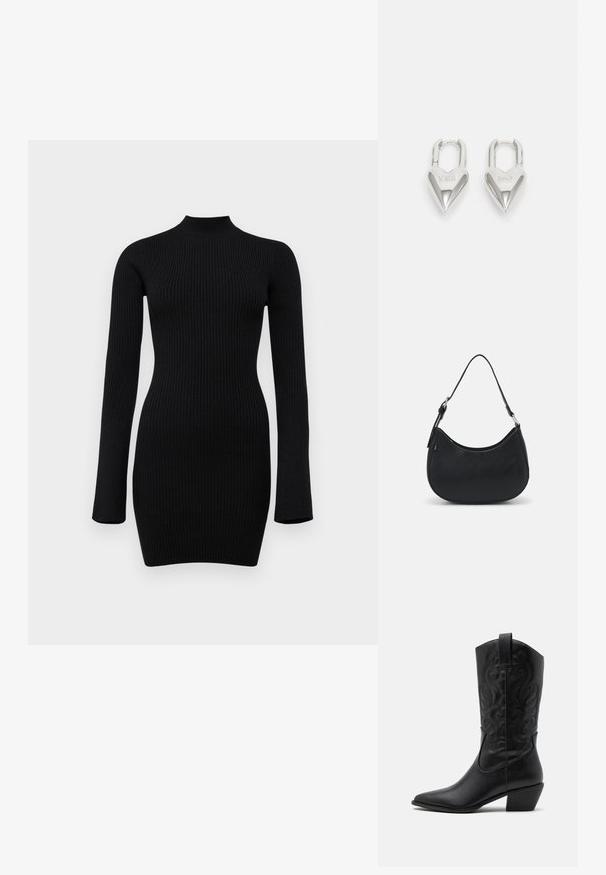 Schwarz gerippter Strick-Longsleeve-Kleid mit hohem Kragen und figurbetontem Schnitt, das eine glatte Textur und eine Länge bis zur Mitte des Oberschenkels aufweist.; Schwarze Leder-Cowboy-Stiefel mit spitzem Zeh, geprägten, wirbelnden Mustern und einem mittelhohen Absatz. Mit einem Zuglasche für einfaches An- und Ausziehen.; Schwarze Hobo-Tasche aus glattem Leder mit einer geschwungenen Silhouette, ausgestattet mit einem einzelnen verstellbaren Trageriemen und minimalistischem Design.; Silberne herzförmige Vorhängeschlösser mit eingravierten "JA"- und "NEIN"-Texten, polierte Oberfläche, symmetrisches Design und einem robusten Metallverschluss.