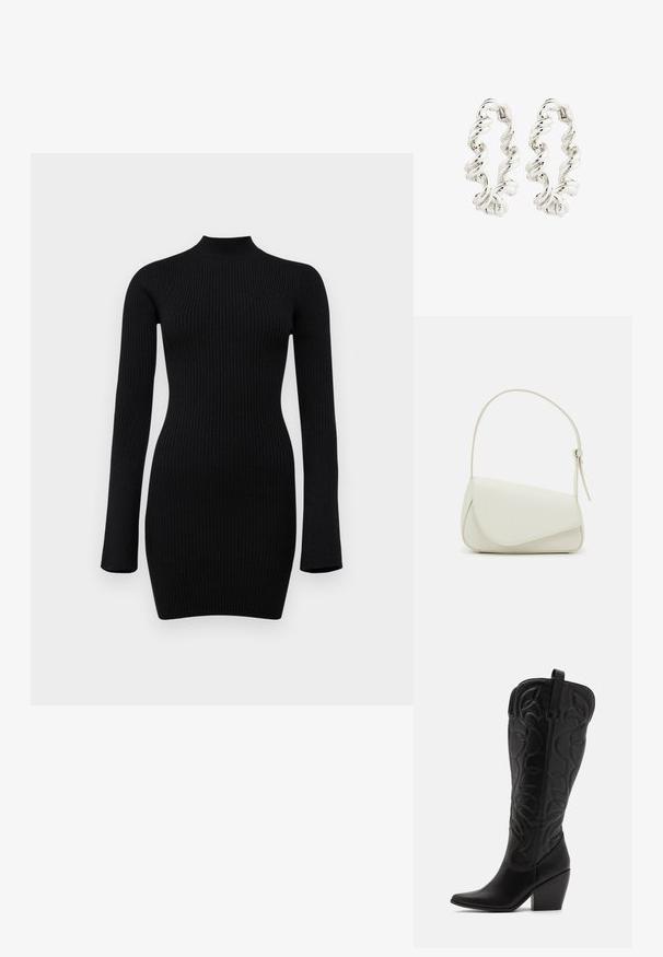 Schwarz gerippter Strick-Longsleeve-Kleid mit hohem Kragen und figurbetontem Schnitt, das eine glatte Textur und eine Länge bis zur Mitte des Oberschenkels aufweist.; Schwarze kniehohe Stiefel aus Leder mit spitz zulaufender Zehenpartie und gestapeltem Absatz. Verfügt über dekorative Nähte und geschwungene Designelemente.; Weiße Kunstleder-Handtasche mit einer strukturierten dreieckigen Form, einem verstellbaren Einzelgurt und einem Klappenverschluss mit geschwungenen Akzenten.; Verdrehte silberne Creolen mit einer glatten, reflektierenden Oberfläche und sicherem Verschluss. Das Design zeigt ein Spiral-Muster für zusätzliche Details.