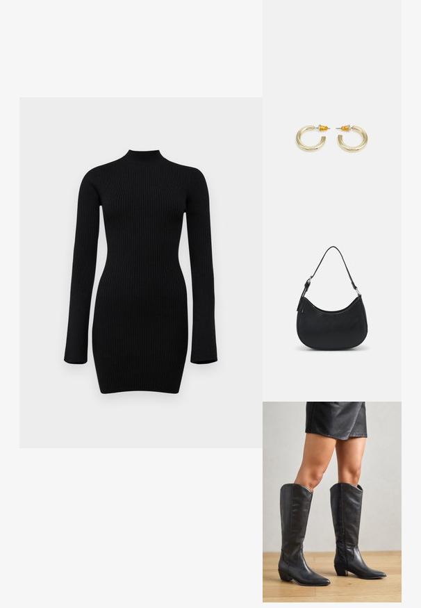 Schwarz gerippter Strick-Longsleeve-Kleid mit hohem Kragen und figurbetontem Schnitt, das eine glatte Textur und eine Länge bis zur Mitte des Oberschenkels aufweist.; Schwarze knielange Stiefel aus glattem Leder, mit spitzem Zehenbereich, niedrigem Blockabsatz und seitlichem Reißverschluss für ein einfaches Anziehen.; Schwarze Hobo-Tasche aus glattem Leder mit einer geschwungenen Silhouette, ausgestattet mit einem einzelnen verstellbaren Trageriemen und minimalistischem Design.; Goldfarbene Creolen mit einer glatten, abgerundeten Form und einer polierten Oberfläche. Mit orangefarbenen Akzenten auf der Rückseite für sicheren Halt.