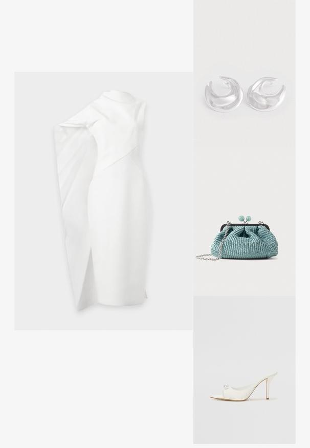 Robe blanche asymétrique avec une silhouette ajustée et une cape dramatique drapée sur un bras, longueur au genou avec une fente subtile sur un côté.; Chaussure à talon ouverte blanche avec un bout pointu, finition lisse et accent décoratif en perles sur le côté. Talon stiletto fin et design minimaliste.; Petit sac pochette tissé bleu clair avec une chaîne argentée et une fermeture à boucle ronde sur le dessus.; Une paire de boucles d'oreilles hoop en argent poli en forme de croissant avec une surface lisse et réfléchissante sur fond blanc.