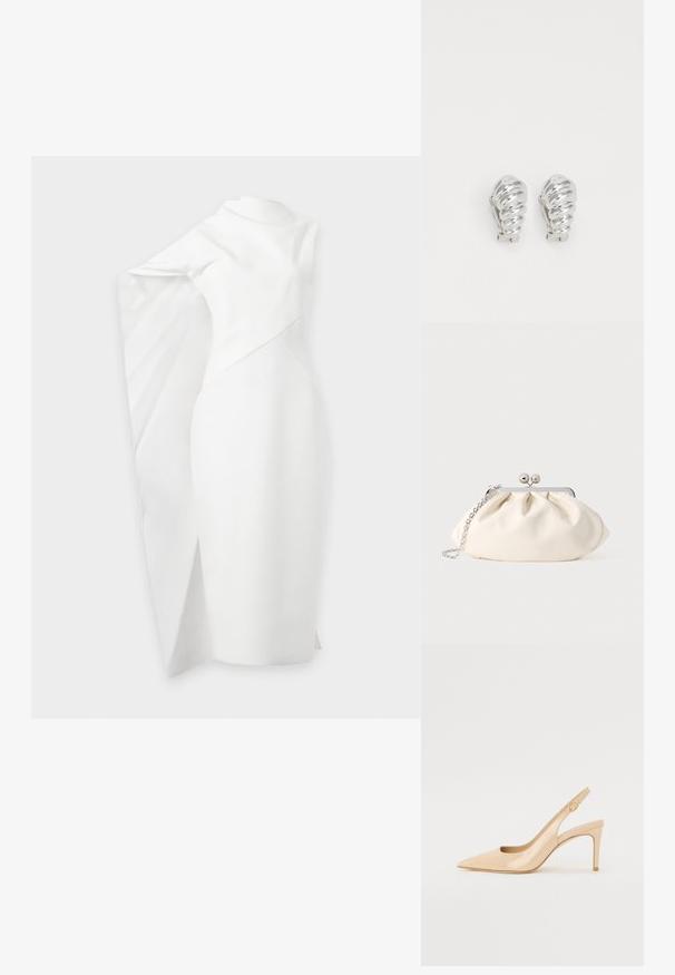 Robe blanche asymétrique avec une silhouette ajustée et une cape dramatique drapée sur un bras, longueur au genou avec une fente subtile sur un côté.; Escarpin slingback en cuir verni nude avec un bout pointu, un décolleté ouvert et un talon aiguille fin. Comprend un accent doré circulaire sur la sangle.; Pochette en tissu crème avec un design froncé, cadre en métal argenté, deux boules décoratives, et une bandoulière chaîne argentée.; Boucles d'oreilles en clip argentées avec un design en spirale, présentant une texture métallique lisse et des formes arrondies. Pas d'embellissements ou de motifs visibles.