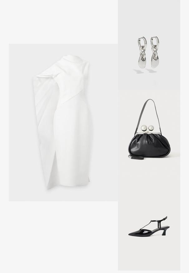 Robe blanche asymétrique avec une silhouette ajustée et une cape dramatique drapée sur un bras, longueur au genou avec une fente subtile sur un côté.; Chaussure slingback en cuir verni noir à bout pointu avec bride en T et petit talon bloc incliné sur fond blanc.; Sac à main en cuir noir avec un design plissé, une sangle unique, un cadre métallique argenté et deux grandes fermoirs ronds en argent.; Boucles d'oreilles en argent avec des maillons ovales allongés, présentant une finition polie et un pendentif tombant texturé. Design simple avec des bords lisses.