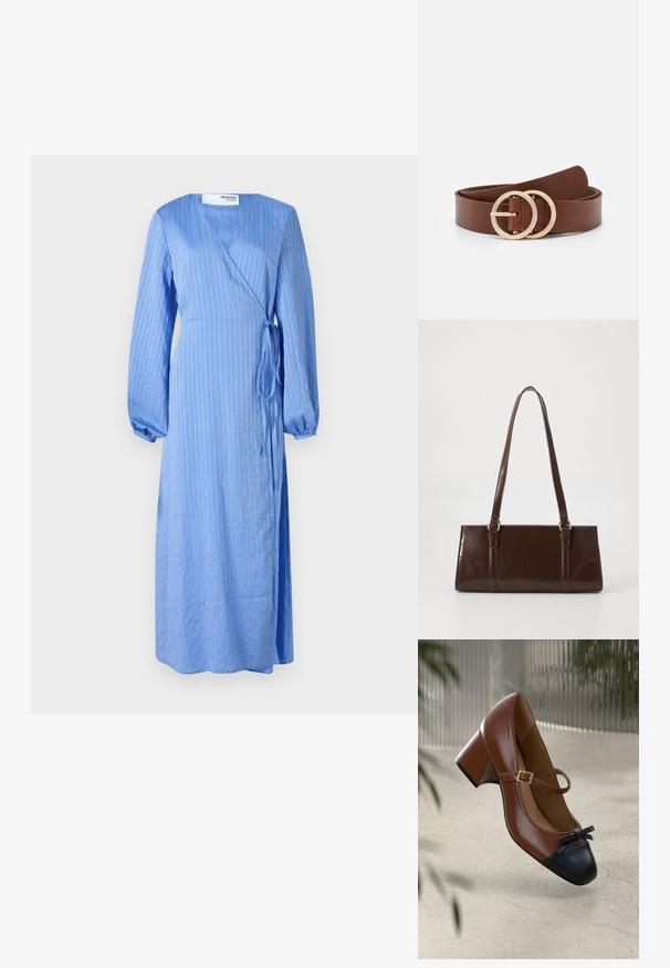 Vestido azul envolvente hecho de una tela suave con rayas blancas verticales, mangas largas abullonadas y un lazo en la cintura. De largo largo y con escote en V.; Tacón Mary Jane de cuero marrón con puntera negra, lazo negro, correa con hebilla dorada y tacón de bloque sobre suelo texturizado claro.; Bolso de mano de piel sintética marrón con forma rectangular, dos asas largas y sutiles acentos curvados en la parte delantera.; Cinturón de cuero marrón con dos hebillas circulares en tono dorado, textura suave y diseño minimalista. La longitud y el ancho varían.