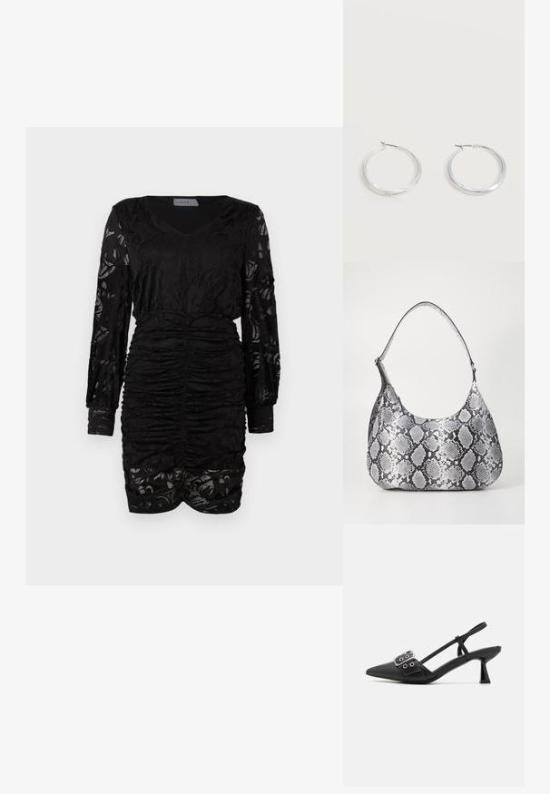 Sort kjole med lange, gennemsigtige, mønstrede ærmer og samlet struktur ved bærestykket og skørtet, med V-udskæring og tætsiddende pasform.; Simmi London DALA - Pumps - black; Sort-hvid slangemønster skuldertaske med en rund form, glat tekstur og en buet rem. Har et sølvfarvet hardware-accents.; Sølvfarvede metaloorringe med glat, let buet overflade og låsemekanisme på en ensfarvet hvid baggrund.