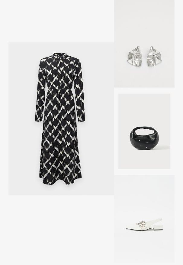 Mustvalge pikade varrukatega maksimekleid, millel on geomeetriline teemantmuster, vöökoha rõhutamine ja nööbiga kaelus.; Valge nahkne slingback-sandaal terava varbaga, hõbedaste pandlite accentsidega ja madala ploki kontsaga. Sile tekstuur minimaalse detailirohkusega.; Mustast nahast ümmarguse kujuga käekott, kaunistatud hõbedaste naeladega, lühikese sangaga. Sile tekstuur ja tõmblukuga sulgemine.; Hõbedased metallkõrvarõngad lainelise, skulpturaalse disainiga, millel on poleeritud viimistlus ja ebaregulaarsed kujundid, rõhutades kaasaegset esteetikat.