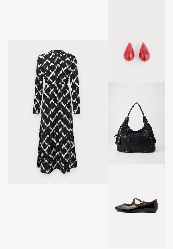 Robe maxi à manches longues noir et blanc avec un motif géométrique en losanges, taille cintrée et col à boutons.; Chaussure plate Mary Jane en cuir verni noir avec deux découpes et une bride à boucle dorée sur fond blanc.; Sac à main en cuir noir avec double anses, poches zippées à l'avant et détails en rivets métalliques, sur un fond clair et uni.; Boucles d'oreilles en forme de goutte rouge, fabriquées en résine brillante, présentant une texture marbrée avec des motifs rouges foncés et noirs. Surface lisse, design symétrique.