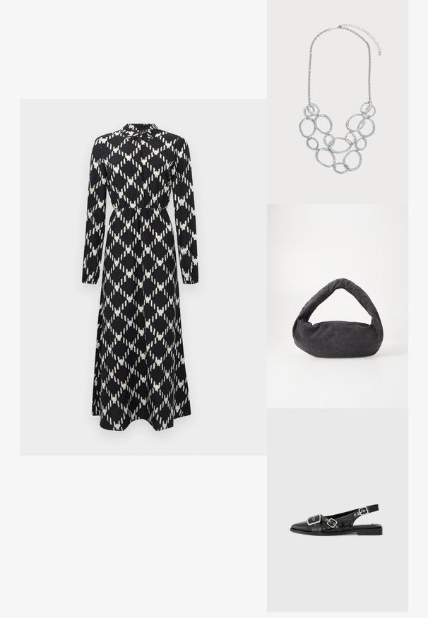Mustvalge pikade varrukatega maksimekleid, millel on geomeetriline teemantmuster, vöökoha rõhutamine ja nööbiga kaelus.; Must musta slingback-kingsad mustad nahast kingad terava ninaga, kahe hõbedase pandlaga ja madala plokknõelaga. Omab tekstureeritud pealist ja avatud selga.; Tumehallist kangast kott, millel on kaardus käepide, pehme tekstuur ja ümar kuju. Pole nähtavaid metallosi ega kaunistusi.; Hõbedast kettkaelakee, millel on mitu ühendatud ebaühtlase ovaalse kujuga haamerdatud metallrõngast kihilises disainis ja reguleeritava kinnitusmehhanismiga.