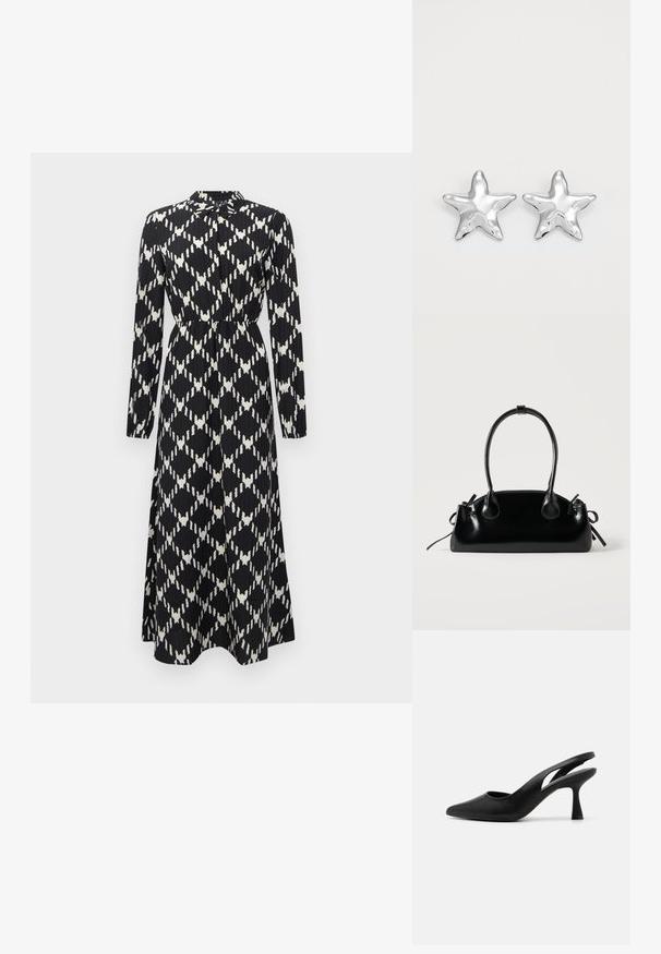 Mustvalge pikade varrukatega maksimekleid, millel on geomeetriline teemantmuster, vöökoha rõhutamine ja nööbiga kaelus.; Mustad mustamatt slingback kingad terava varbaga, valmistatud siledast nahast. Omab lõikega disaini ja tugevat, kitsenevat kanna.; Väike must läikiv käekott kahe pika sangaga ja külgedel paelakinnitustega, ühel lihtsal helel taustal.; Hõbedased tähtkujulised kõrvarõngad, millel on poleeritud, sile pind. Iga kõrvarõnga puhul on viie tipuga ja peene pindade tekstuuriga detailid.