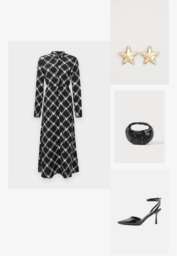 Zwart-wit lange mouwen maxi-jurk met geometrisch diamanten patroon, cinched taille en knoopsluiting bij de kraag.; Zwarte pumps met puntige neus, dunne enkelbandjes en een zilveren gesp op een effen lichte achtergrond.; Zwarte leren handtas met een afgeronde vorm, versierd met zilveren studs, en een korte handgreep. Gladde textuur en ritsluiting.; Gouden stervormige oorbellen met een gladde, glanzende afwerking en een driedimensionaal ontwerp, met vijf punten en een licht gebogen textuur.