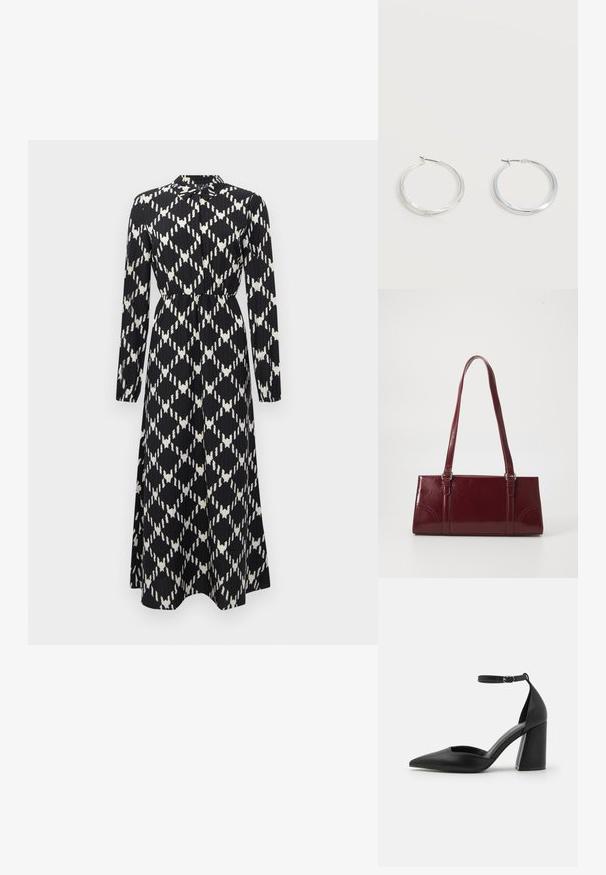 Zwart-wit lange mouwen maxi-jurk met geometrisch diamanten patroon, cinched taille en knoopsluiting bij de kraag.; Zwarte laars met hoge hakken, gemaakt van soepel leer, met een spitse neus, uitsneden aan de zijkanten en een verstelbare enkelband met een blokhak.; Bourgondische handtas van glanzend materiaal, rechthoekige vorm, met twee schouderbanden en subtiele gebogen accenten aan de voorkant.; Zilverkleurige metalen creolen oorbellen met een glad, licht gebogen oppervlak en sluitingen met haaksluiting op een effen witte achtergrond.