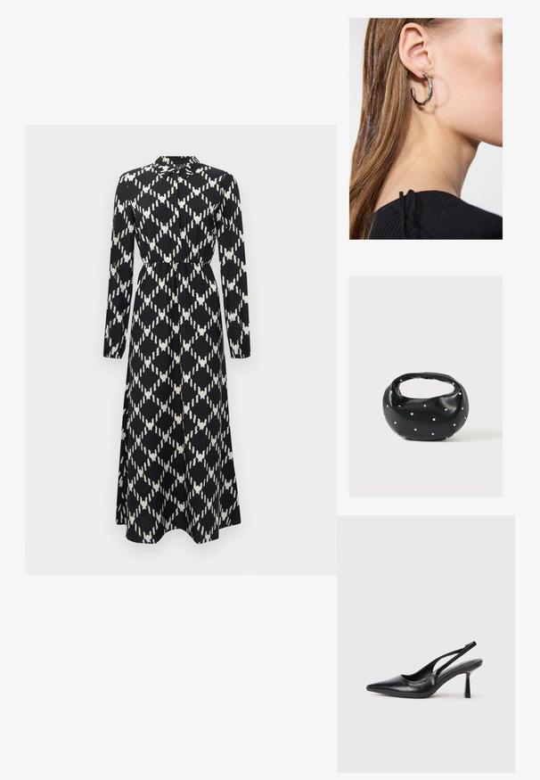 Mustvalge pikade varrukatega maksimekleid, millel on geomeetriline teemantmuster, vöökoha rõhutamine ja nööbiga kaelus.; Must musta slingback kõrge kontsaga king, terava varbaga ja peene kontsaga, valgel taustal.; Mustast nahast ümmarguse kujuga käekott, kaunistatud hõbedaste naeladega, lühikese sangaga. Sile tekstuur ja tõmblukuga sulgemine.; Hõbedane rõngas kõrvarõngas poleeritud viimistlusega, millel on väikesed kuldsed aktsendid ja ümmargune kuju, kantud lobus.
