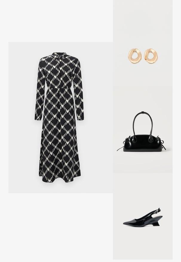 Sort og hvid langærmet maxikjole med geometrisk diamantmønster, indsnævret talje og knaplukning ved kraven.; Sort laklæder slingback sko med spids tå og lav vinklet blokhæl på ensartet lys baggrund.; Lille sort blank håndtaske med to lange håndtag og snøre-detaljer i siden på en ensfarvet lys baggrund.; Par af uregelmæssigt formede, polerede øreringe i guldfarvet metal med åben midte på en ens hvid baggrund.