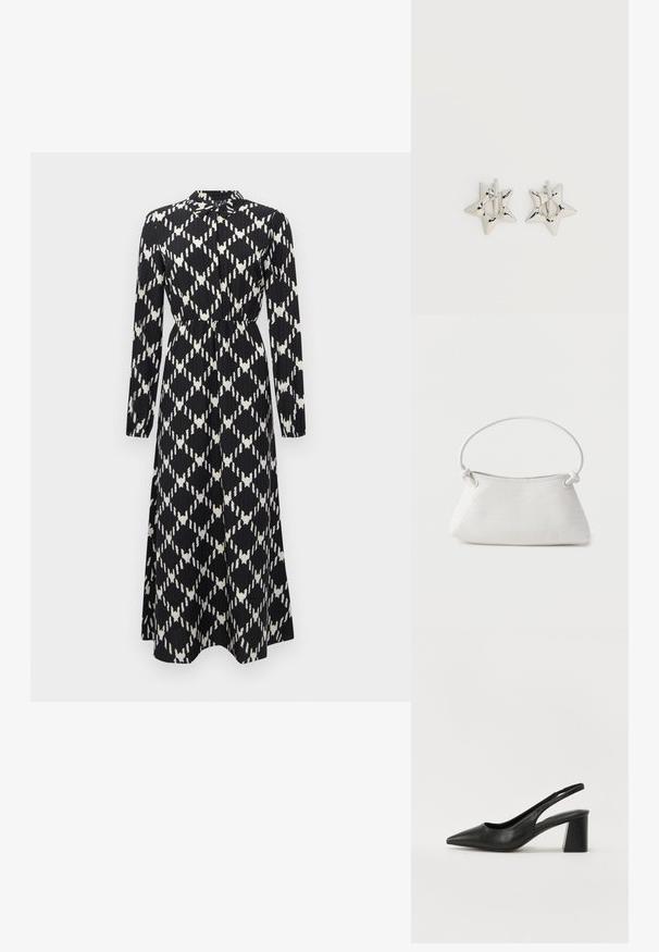 Sort og hvid langærmet maxikjole med geometrisk diamantmønster, indsnævret talje og knaplukning ved kraven.; Sorte læderslingback hæle med spids tå og blokhæl. Har et udsparingsdesign og en glat tekstur, minimalistisk og moderne.; Hvid fletlæderhåndtaske med afrundet håndtag og ender på remmen, der er knyttet, vist mod en ensfarvet baggrund.; Sølv stjerneformede øreringe med en glat, poleret finish på en ensfarvet hvid baggrund.
