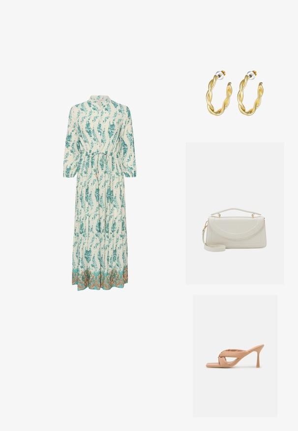 Vestido largo y ligero con un patrón floral en verde azulado y blanco. Presenta un escote alto, mangas largas y un dobladillo decorativo dorado.; Glamorous Mules de tacón - camel; Pieces PCCIA CROSSBODY BAG - Bandolera - cloud dancer detail/gold-coloured; Pendientes de aro retorcidos en oro con una superficie lisa, que cuentan con un respaldo transparente y herrajes en tono dorado.