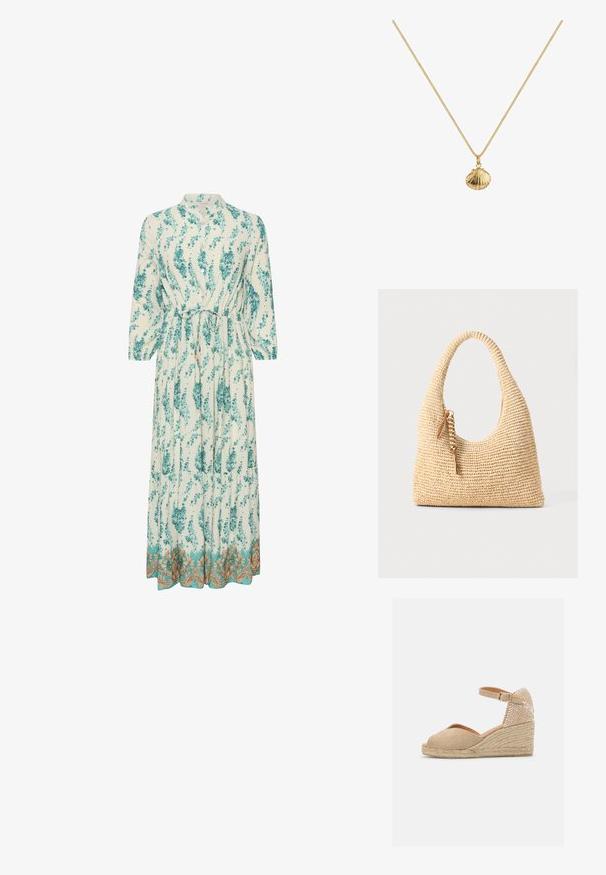 Lange, lichte jurk met een bloempatroon in teal en wit. Kenmerkt zich door een hoge halslijn, lange mouwen en een decoratieve gouden zoom.; Castañer BIANCA - Espadrilles - sand; Geweven beige handtas met een gebogen handvat, textuur oppervlak en een bruine kwastdetail. Heeft een slonzige, hobo-vorm.; Gouden ketting met een schelpvormige hanger met ribbelstructuur, hangend aan een fijne ketting, wat een elegante uitstraling creëert.