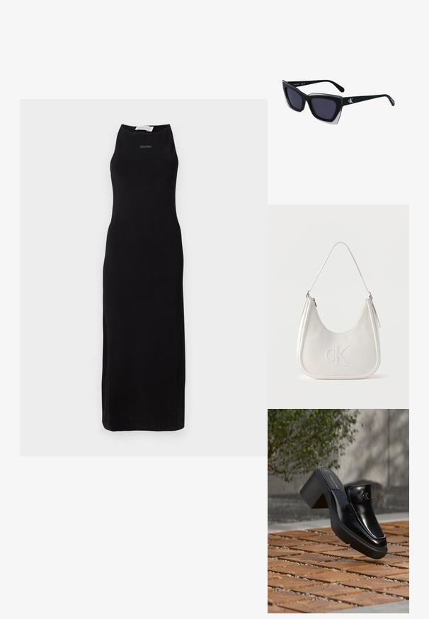Vestido largo sin mangas de color negro en un tejido suave, con un escote alto y una silueta sencilla. Marca sutil en el pecho.; Mule tipo slip-on de cuero negro de Calvin Klein con tacón de bloque descansando sobre baldosas de madera al aire libre cerca de una planta verde y una pared gris.; Gafas de sol negras de gran tamaño con una forma geométrica, que presentan lentes oscuros y un detalle gris contrastante en la montura. Logo en la pata.; Bolso de hombro de cuero blanco con cierre de cremallera, forma curva y logo CK en relieve en la parte delantera.