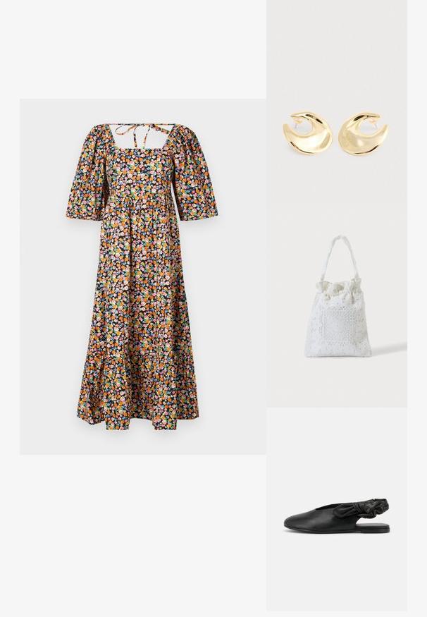 Bloemrijke maxi-jurk met een vierkante halslijn, pofmouwen en een getailleerde bovenkant. Heeft een zwarte achtergrond met meerkleurige bloemmotieven.; Zwarte platte damesschoen met slingback, spitse neus en geplooide elastische band bij de hiel tegen een witte achtergrond.; Witte stoffen draagtas met kanten bloemenborduurwerk en een geplooid bovenhandvat, getoond tegen een effen lichte achtergrond.; Een paar glanzende gouden halvemaanvormige studs met transparante plastic achterkanten op een lichtgrijze ondergrond.