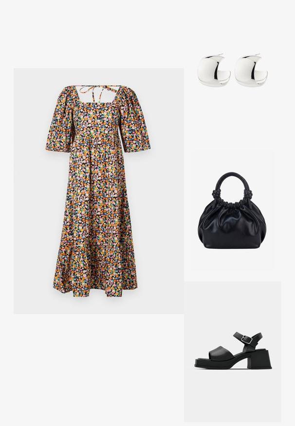 Bloemrijke maxi-jurk met een vierkante halslijn, pofmouwen en een getailleerde bovenkant. Heeft een zwarte achtergrond met meerkleurige bloemmotieven.; Zwarte leren platform sandalen met een open teen ontwerp, enkelbandje en een stevige vierkante hak. Soepele textuur en minimalistische stijl.; Zwarte zachte leren handtas met geplooide bovenkant en twee dikke handvatten die in knopen zijn gestrikt tegen een effen lichte achtergrond.; Een paar gepolijste zilveren hoefijzervormige oorbellen met stekersluiting op een witte achtergrond.