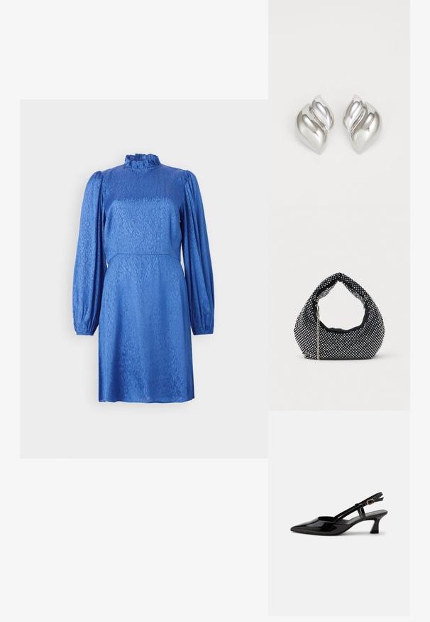 Blaues Kleid mit langen, gepufften Ärmeln, hohem Rüschencollar und strukturiertem Blumenmuster. Der Stoff hat einen glatten Glanz und eine taillierte Taille.; Schwarzer Slingback-Pumps aus Lackleder mit spitzer Spitze und verstellbarem goldfarbenem Riemen auf weißem Hintergrund.; Schwarze Netz-Handtasche verziert mit silbernen Nieten, mit einem gebogenen Griff und einem Kettenriemen. Weiche Textur mit runder Form.; Silberne Ohrringe mit einer organischen, abstrakten Form. Glatte, glänzende Oberfläche mit einem konischen Design. Mit dezenten Kurven und einem zentralen Linienelement.