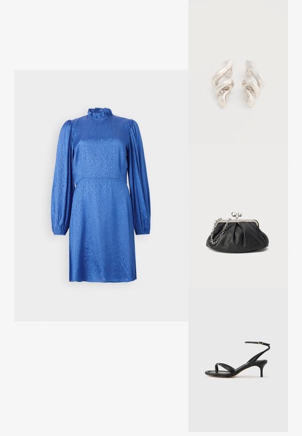 Robe bleue avec de longues manches bouffantes, un col haut à volants et un motif floral texturé. Le tissu a un éclat lisse et une taille cintrée.; Sandale pour femme en cuir noir avec fines lanières, une boucle d'orteil, une boucle à la cheville et un talon aiguille de hauteur moyenne sur un fond neutre.; Porte-monnaie en cuir noir avec texture froncée, cadre en métal argenté, fermeture à verrouillage kiss-lock et bandoulière en chaîne. Surface lisse et douce.; Boucles d'oreilles clips en métal argenté torsadé avec une finition lisse et brillante, présentant un design moderne et abstrait en spirale.