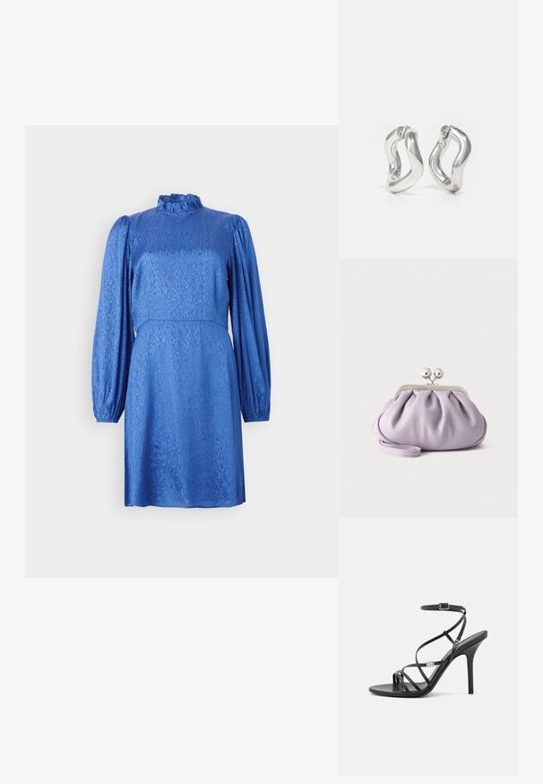 Robe bleue avec de longues manches bouffantes, un col haut à volants et un motif floral texturé. Le tissu a un éclat lisse et une taille cintrée.; Sandale noire à talons hauts avec des brides fines, une boucle à la cheville, une surface en cuir lisse et un talon aiguille élancé.; Pochette lavande douce avec tissu froncé, fermoir kiss-lock argenté et bracelet assorti sur un fond clair uni.; Boucles d'oreilles créoles argentées avec un design torsadé. Bords arrondis et finition brillante. Fermoirs ouverts pour un port facile. Texture lisse sur toute la surface.