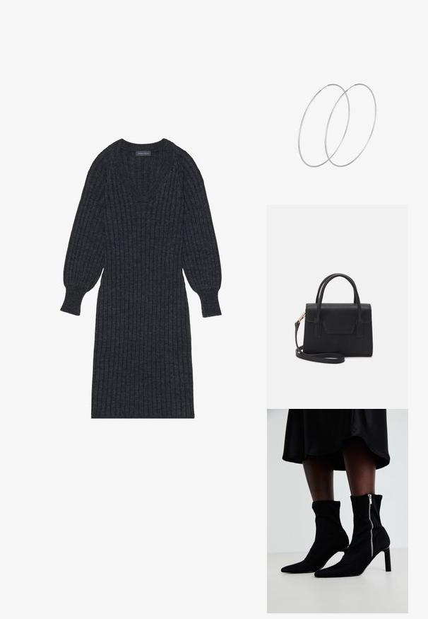 Vestido de punto acanalado en gris oscuro con escote en V y mangas largas tipo globo. Presenta una cintura ajustada y una tela texturizada para proporcionar calor.; Botas negras hasta el tobillo con un cuerpo de tela elástica, punta afilada y cierre lateral de cremallera, sobre un tacón fino y alto.; Bolso estructurado negro de cuero con un asa superior, correa de hombro desmontable y un detalle de tapa en la parte frontal. Acentos en dorado.; Pendientes de aro plateados con un diseño minimalista. Forma circular, textura suave y perfil delgado. Livianos con un acabado pulido.