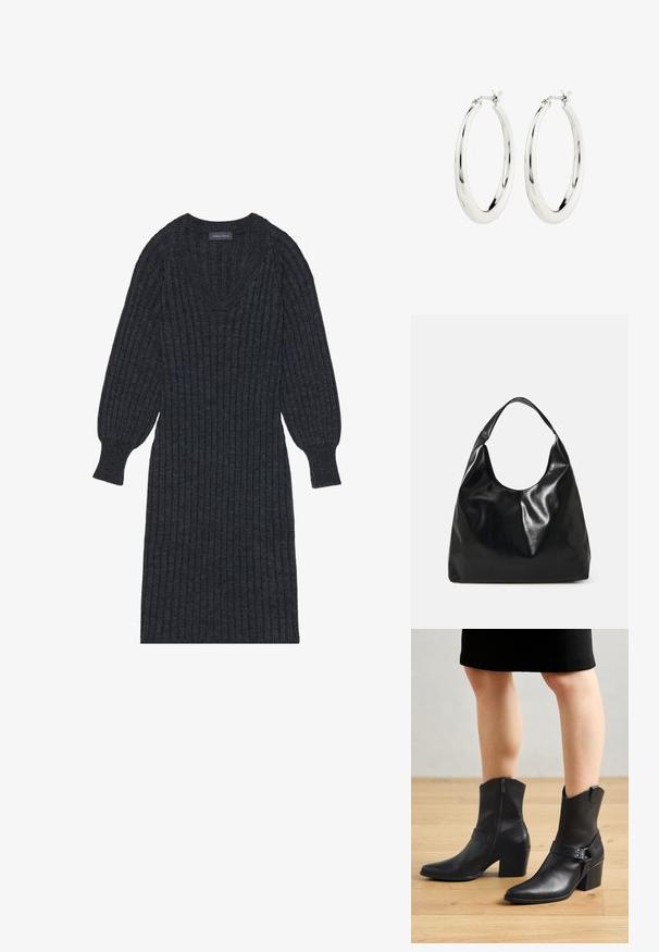 Vestido de punto acanalado en gris oscuro con escote en V y mangas largas tipo globo. Presenta una cintura ajustada y una tela texturizada para proporcionar calor.; Botines de cuero negro con punta afilada, cierre de cremallera, tacón curvado y una correa decorativa con detalles metálicos.; Bolso hobo de cuero negro con una textura suave y brillante y un diseño de parte superior redondeada y abierta. Cuenta con una amplia correa curvada para llevar. Sin hardware visible.; Pendientes de aro de plata con un acabado suave y brillante. Forma circular, con un cierre seguro. Diseño sencillo y elegante.