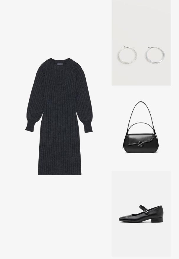 Vestido de punto acanalado en gris oscuro con escote en V y mangas largas tipo globo. Presenta una cintura ajustada y una tela texturizada para proporcionar calor.; Zapatos Mary Jane de cuero negro con puntera de charol, correa de tobillo ajustable y tacón bajo. Textura suave y diseño elegante.; Bolso de hombro de cuero negro con una solapa curva asegurada por un broche metálico redondo y una correa delgada y ajustable.; Pendientes de aro de metal plateado con superficie lisa y ligeramente curvada y cierre de tipo mosquetón sobre un fondo blanco liso.