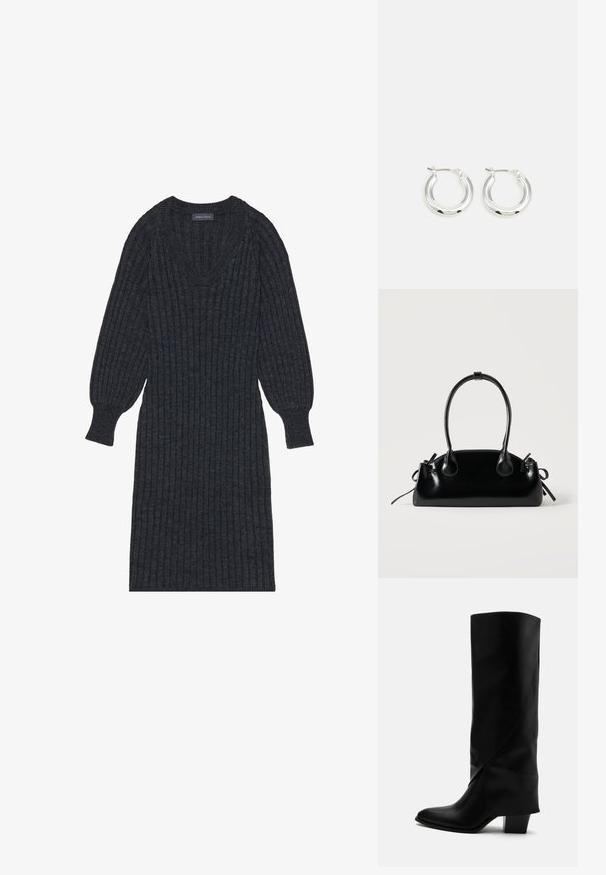Vestido de punto acanalado en gris oscuro con escote en V y mangas largas tipo globo. Presenta una cintura ajustada y una tela texturizada para proporcionar calor.; Bota alta de cuero negro con costuras anguladas, puntera puntiaguda y tacón grueso de altura media sobre fondo blanco.; Pequeño bolso negro brillante con dos asas largas y detalles de cordón lateral sobre un fondo claro liso.; Pendientes de aro de plata con un acabado pulido, que presentan una forma circular y un cierre de gancho. Textura suave con detalles mínimos.