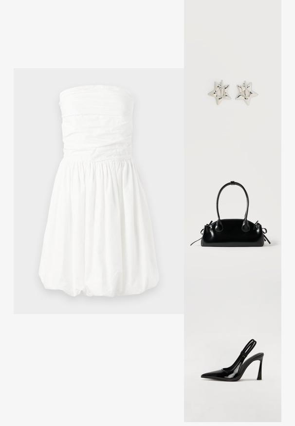 Λευκό strapless φόρεμα με ρουνισμένο μπούστο και gathered φούστα, που έχει απαλή υφή και κοντό φούστα σε σχήμα μπαλονιού.; Μαύρη πατέντα δερμάτινη γόβα slingback με μυτερή μύτη, λεπτό ψηλό τακούνι και διπλή ελαστική ζώνη για ασφαλή εφαρμογή. Λοξό, γυαλιστερό επιφάνειο.; Μικρή μαύρη γυαλιστερή τσάντα με δύο μακριές λαβές και λεπτομέρειες με ρυθμιζόμενο κορδόνι στο πλάι σε απλό ανοιχτό φόντο.; Ασημένια σκουλαρίκια κρίκοι σε σχήμα αστεριού με λείο, γυαλιστερό φινίρισμα σε απλό λευκό φόντο.