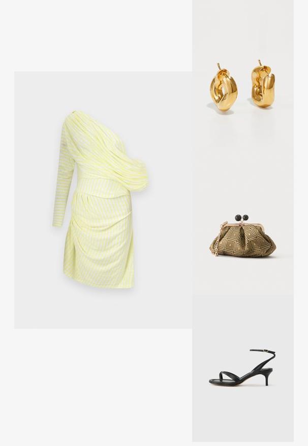 Robe asymétrique jaune clair avec des rayures blanches, présentant un design drapé, une long manche et des détails froncés à la taille.; Sandale pour femme en cuir noir avec fines lanières, une boucle d'orteil, une boucle à la cheville et un talon aiguille de hauteur moyenne sur un fond neutre.; Petite pochette avec motif géométrique doré et noir, cadre en métal doré, fermeture à boule noire et une courte chaîne dorée.; Boucles d'oreilles créoles en or massif avec un design tubulaire légèrement tordu et des fermoirs à tige sur un fond blanc.
