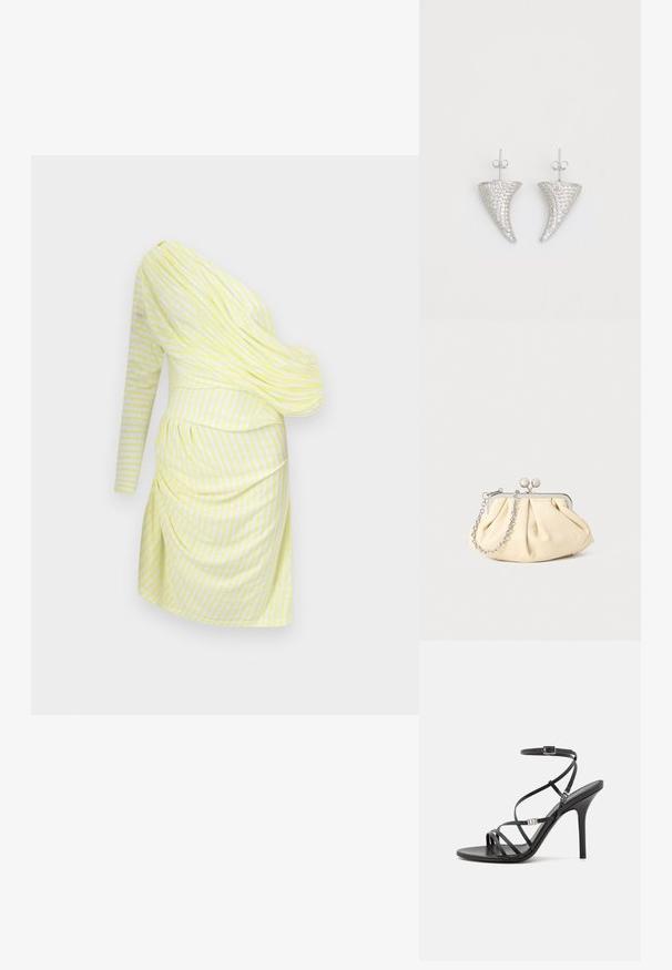 Vestido de un solo hombro en amarillo claro con rayas blancas, que cuenta con un diseño drapeado, manga larga y detalles gathered en la cintura.; Sándalo negro de tacón alto con tiras finas, hebilla en el tobillo, superficie de cuero suave y tacón de aguja esbelto.; Clutch de cuero beige plisado con un marco de metal plateado, que cuenta con dos broches decorativos redondos y una correa de cadena plateada.; Pendientes en forma de cuerno plateado, engastados con pequeñas piedras transparentes, que cuentan con un cierre trasero para su sujeción. Textura suave y acabado metálico.