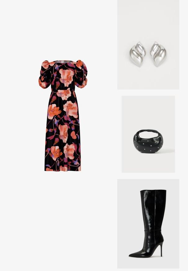 Vestido floral con mangas abullonadas, con grandes flores naranjas y rosas sobre un fondo negro. Hecho de tela suave, con diseño de longitud media.; Botas de cuero negro hasta la rodilla con punta afilada y tacón alto de aguja. Textura suave y diseño elegante, con detalles mínimos.; Bolso de mano de cuero negro con forma redondeada, decorado con detalles de tachuelas plateadas y un asa corta. Textura lisa y cierre con cremallera.; Pendientes de plata con una forma orgánica y abstracta. Superficie lisa y brillante con un diseño cónico. Presentan suaves curvas y un detalle de línea central.