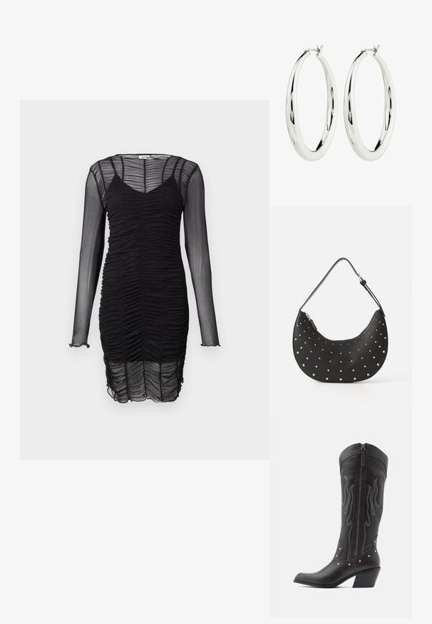 Vestido negro de manga larga hecho de tela sheer fruncida. Cuenta con un escote en V y una silueta ajustada, con un ligero volante en los puños de las mangas.; Botas de cowboy de cuero marrón con costuras en forma de llama, cremallera lateral, tachuelas plateadas, punta puntiaguda y tacón apilado.; Bolso de mano de cuero negro con forma curva, adornado con tachuelas plateadas, cuenta con cierre de cremallera y una sola correa ajustable.; Pendientes de aro de plata con una superficie lisa y reflectante. Forma redonda y grande con un cierre seguro en la parte superior. El acabado pulido resalta el brillo.