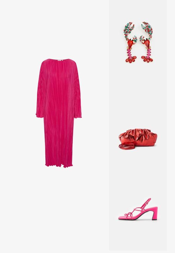 Vestido largo, holgado, de color rosa brillante con pliegues verticales, cuello redondo y mangas largas; presenta puños deshilachados y bordes dobladillos desgastados.; Marks & Spencer CERISE STRAPPY - Sandalias - cerise; Bolso de mano metálico rojo con un diseño arrugado y esponjoso. Presenta una correa de hombro larga y delgada, y una textura suave y brillante.; Pendientes en forma de langosta rojos y rosas decorados con rhinestones multicolores. Diseño intrincado con gemas de diferentes formas y tamaños, y acentos metálicos.