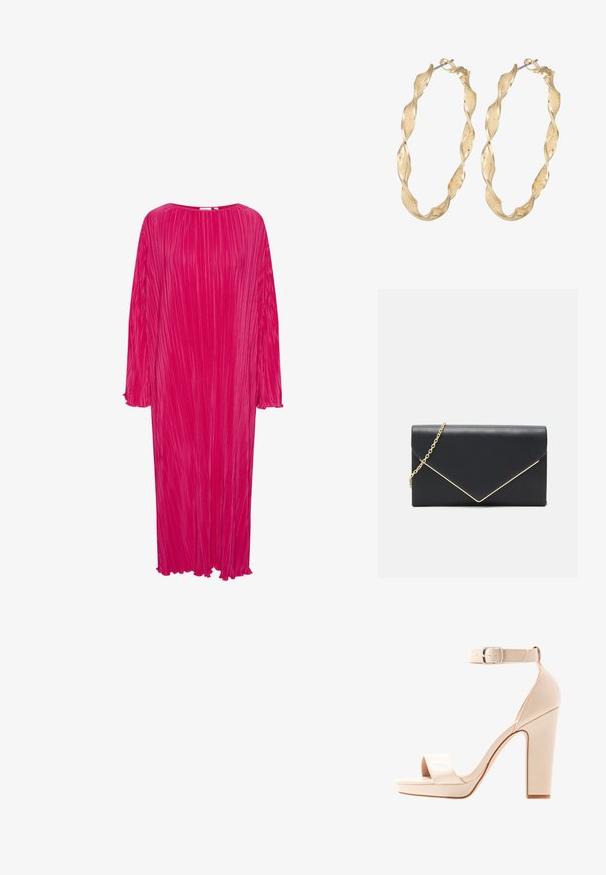 Lang, løstsiddende, lyserød kjole med vertikale plisseringer, rund udskæring og lange ærmer; har flossede manchetter og kanter.; Anna Field Sandaler - offwhite; Sort faux læder clutch med en guldkæde-rem. Har et struktureret konvolutdesign med en diagonal guldaccent langs lukningen.; Guldtonede snoede hoop øreringe med en tekstureret overflade og en sikker lås. Designet har svungne mønstre, der skaber dybde.
