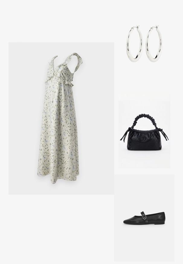 Vestido floral de tela beige claro con patrones en verde y azul, con tirantes con volantes y un diseño fluido hasta el tobillo.; Zapato plano de cuero negro con punta redondeada, una sola correa ajustable con hebilla y una textura suave y brillante. Diseño minimalista con un tacón bajo.; Bolso negro con textura de cocodrilo, borde superior fruncido, asa recogida y cordones con borlas en cada lado sobre un fondo blanco.; Pendientes de aro de plata con un acabado suave y brillante. Forma circular, con un cierre seguro. Diseño sencillo y elegante.